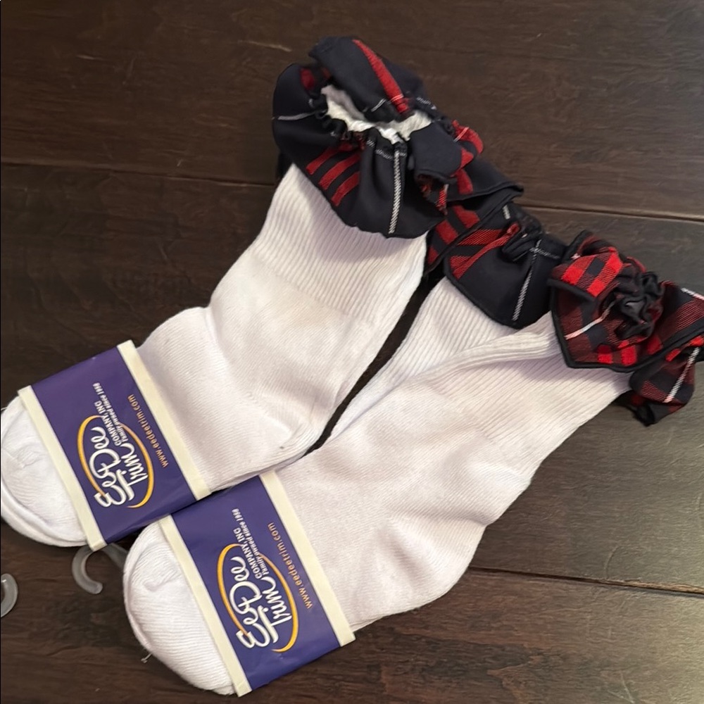 NWT Ee Dee Trim Toddler Girls FBE49 Red and Blue Plaid Uniform Ruffled socks!